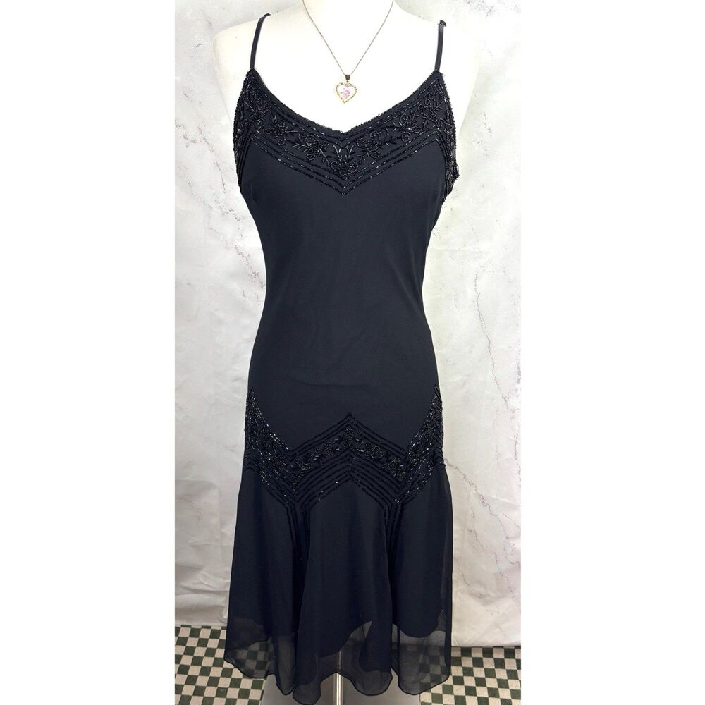 Vintage Beaded Drop Waist Dress Chiffon Fairy Grunge Art Deco Whimsigoth 10 Midi